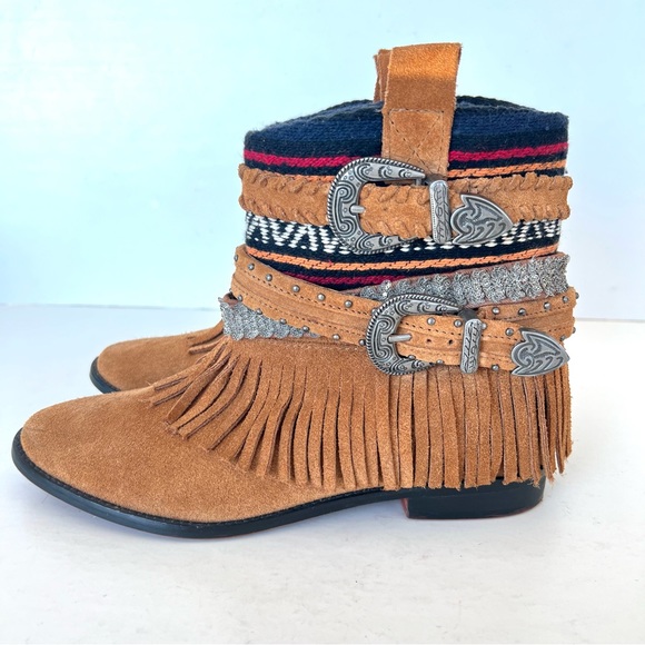 ZARA Trafaluc Tribal Fringe Aztec Strap Buckle Boho Booties Ankle Boots Sz 38 - Picture 4 of 12